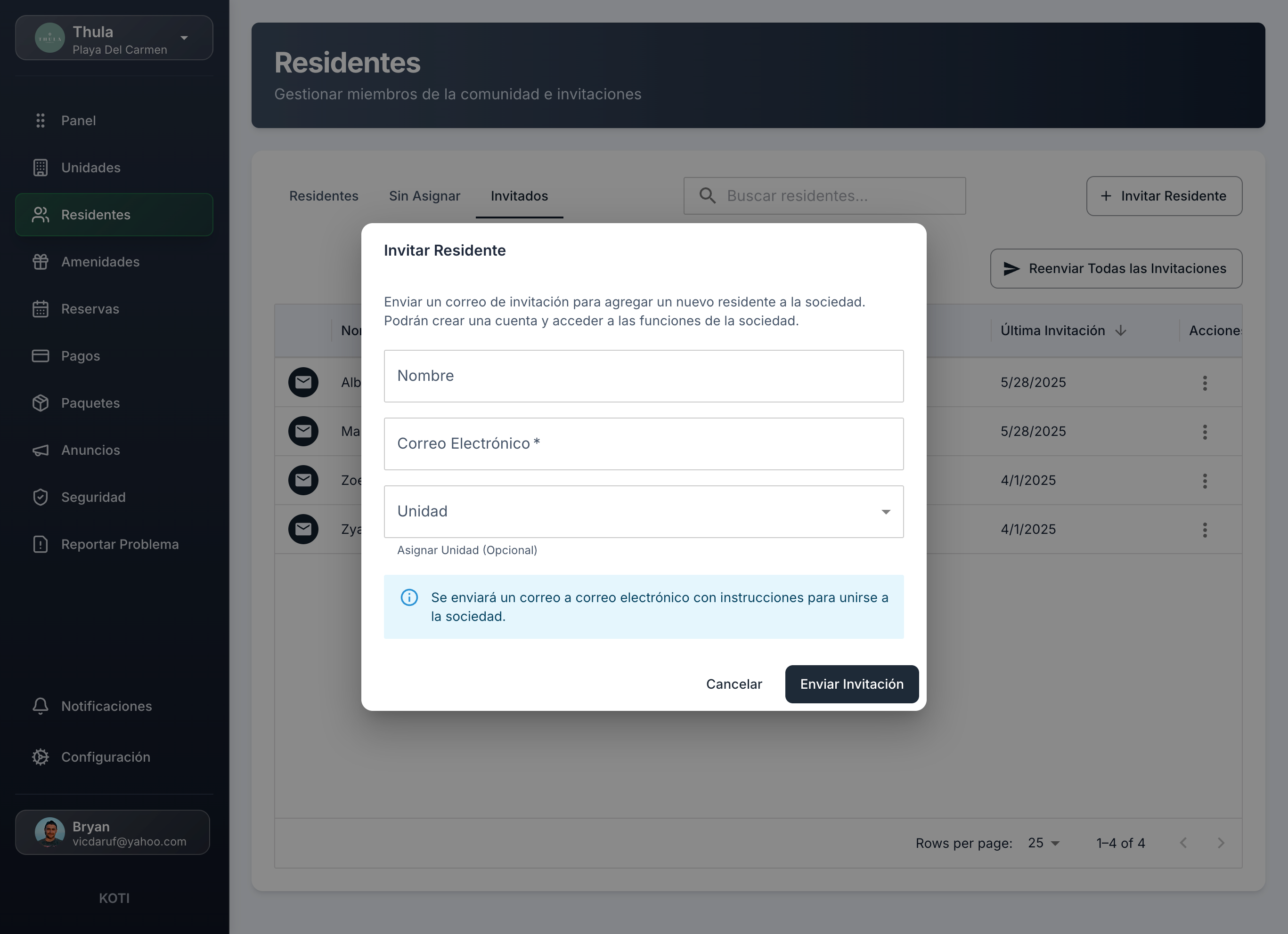 Gestión inquilinos propietarios - Invitaciones digitales residentes