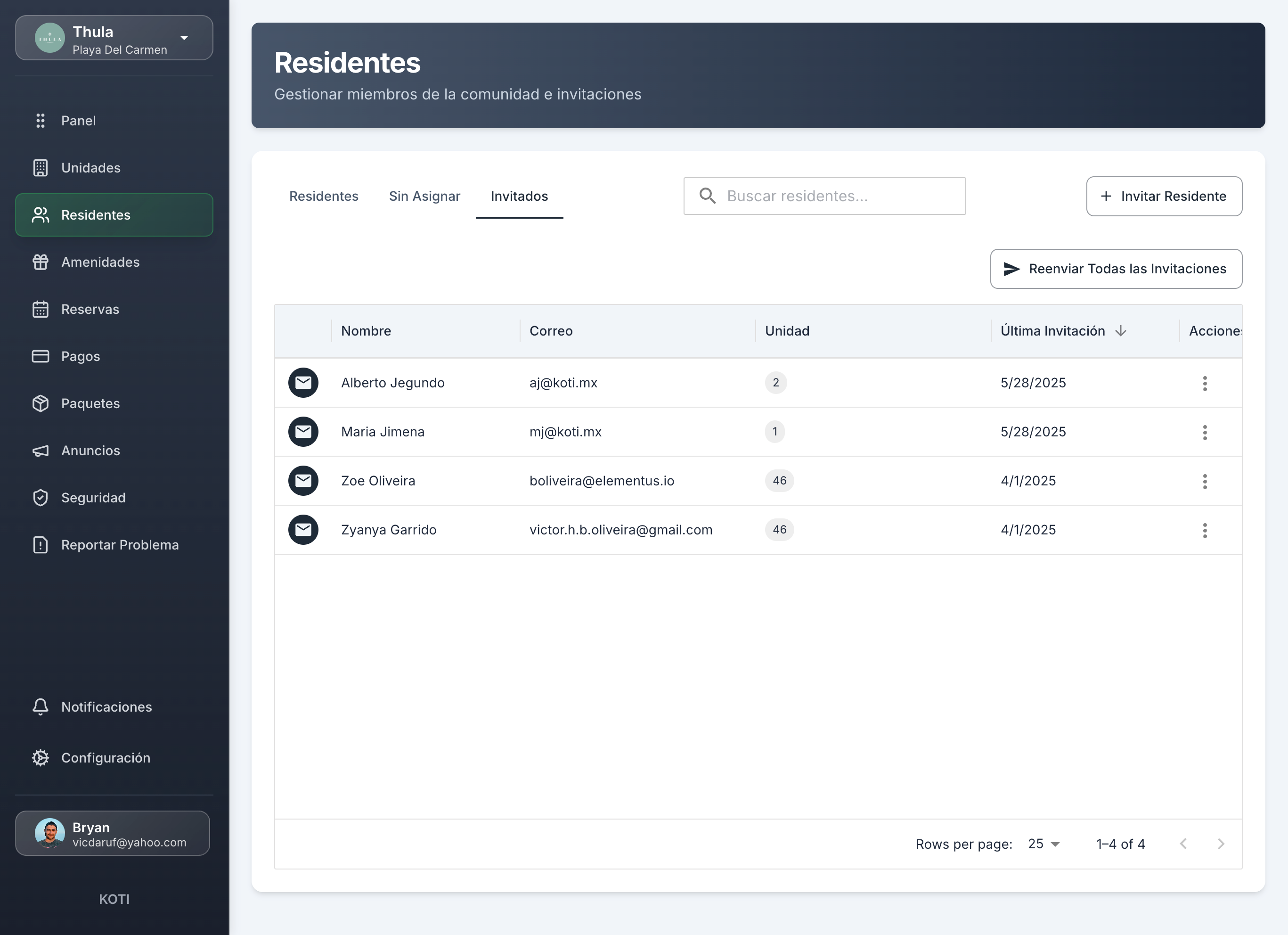 Base datos residentes - Lista invitaciones pendientes condominio