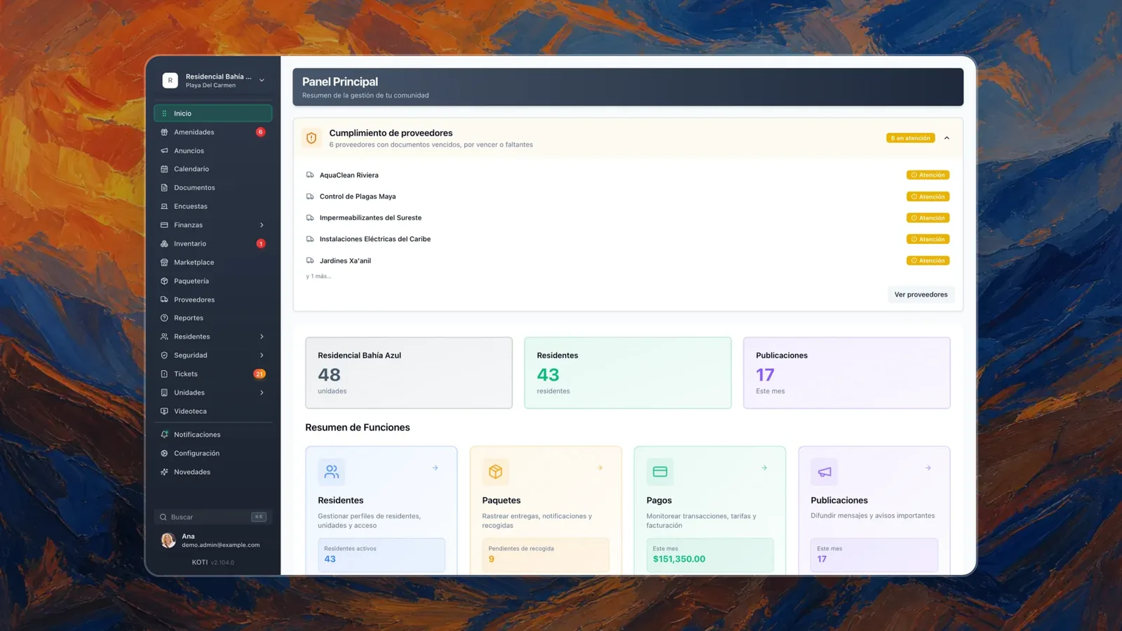 Koti main dashboard: units, residents, monthly posts and vendor compliance