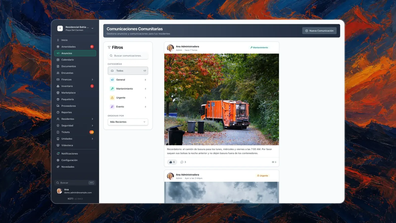 The Koti document manager with folders for assembly minutes, bylaws, contracts, financials, maintenance and security, and filters by access level: admin, owners and everyone
