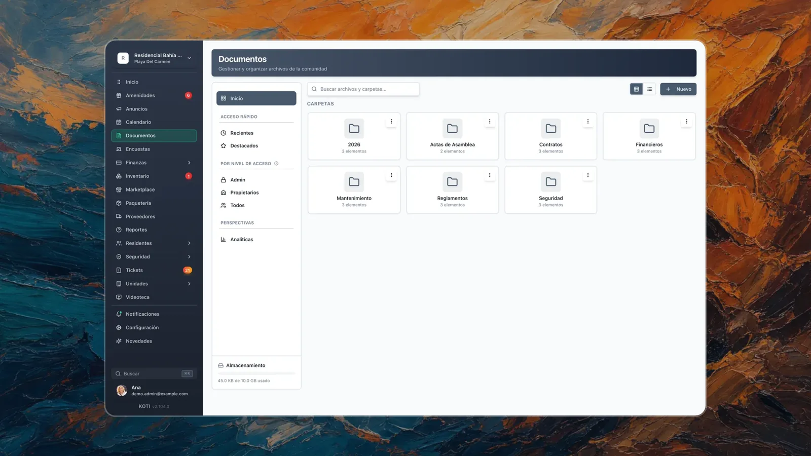 Koti document hub with folders for bylaws, assembly minutes, contracts and financials