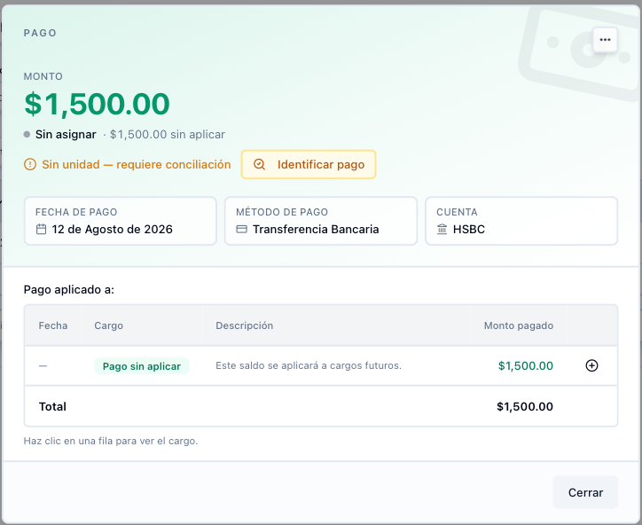 Detalle de un pago no identificado: la línea ámbar "Sin unidad — requiere conciliación" y el botón "Identificar pago"