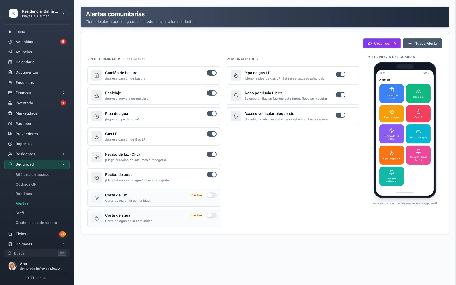 Configuración de alertas comunitarias en Koti con los tipos de aviso que puede enviar la caseta.