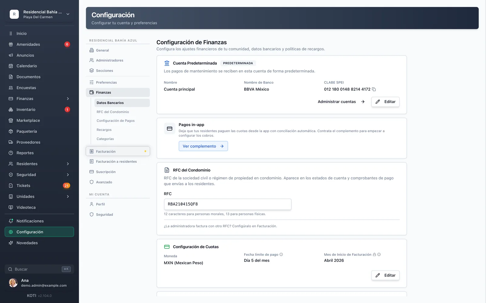 Configuración de finanzas de Koti con la cuenta predeterminada, la CLABE SPEI, el RFC del condominio y la configuración de cuotas con moneda y fecha límite de pago.