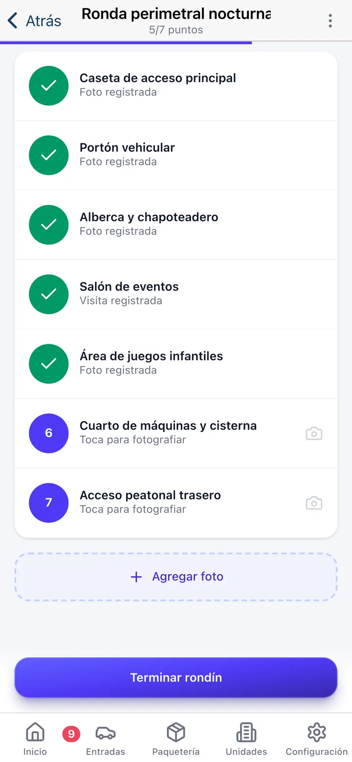 Rondines en la app de guardias de Koti con los puntos de control del recorrido y su avance.
