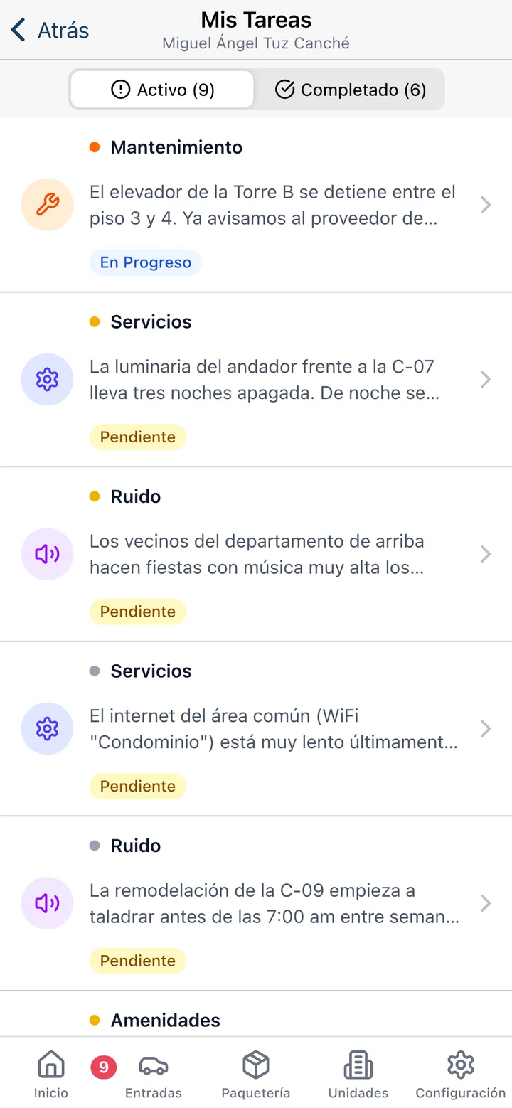 The staff task list in the Koti app, with priority and due date.