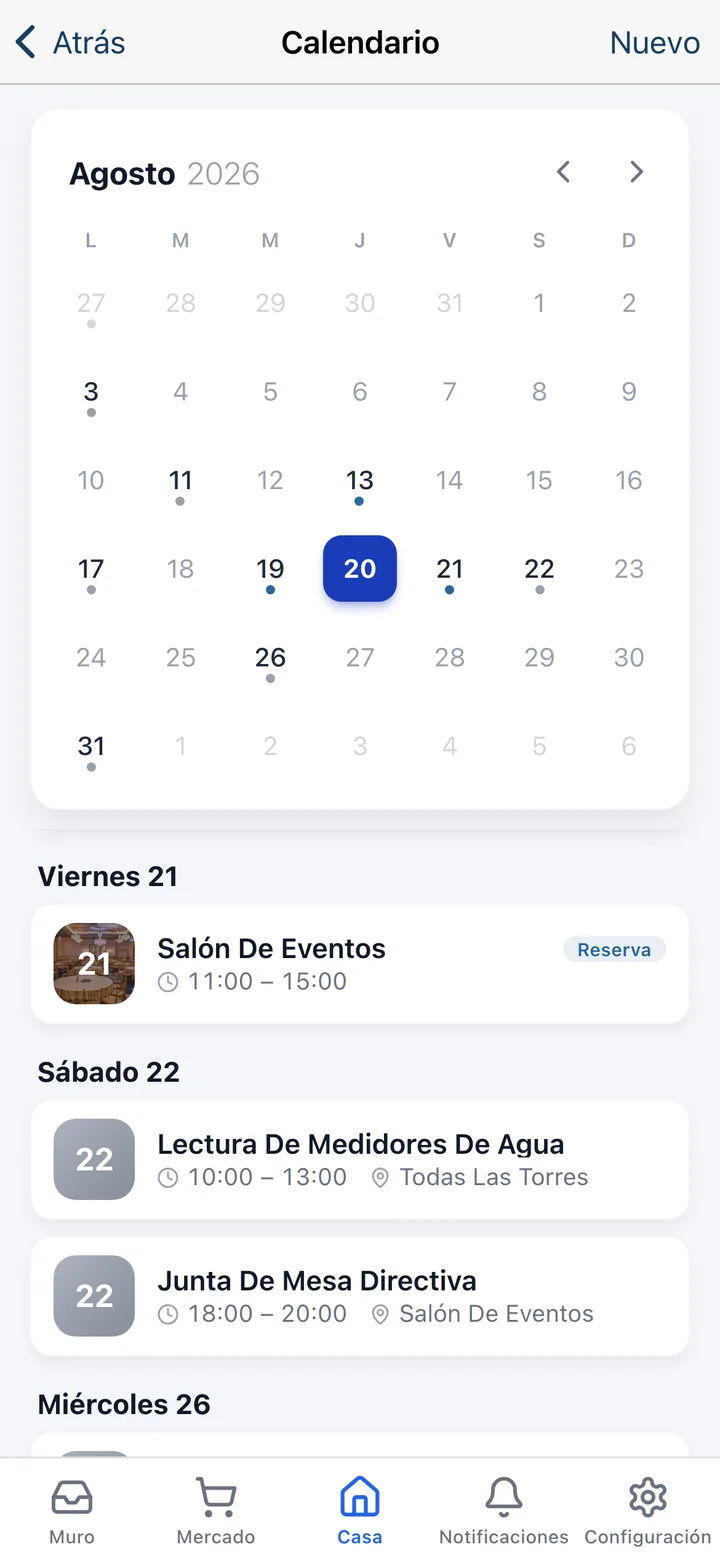The Koti app calendar with the month marked up and the coming days’ agenda, including an events-hall booking.