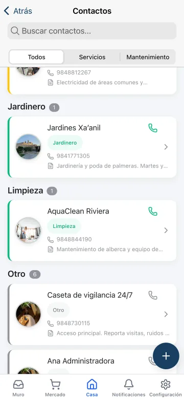 The contacts directory in the Koti app with neighbours and management contacts.