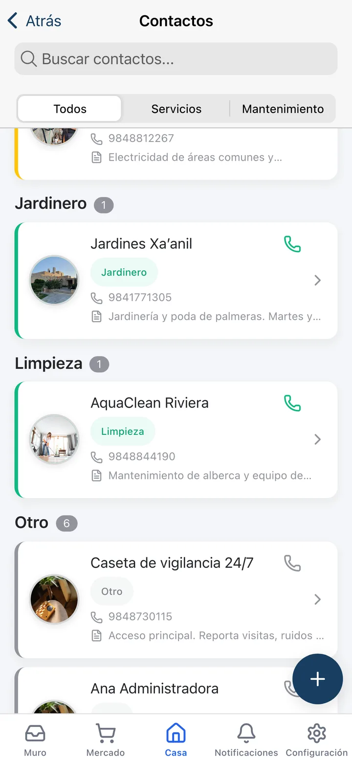 The contacts directory in the Koti app with neighbours and management contacts.