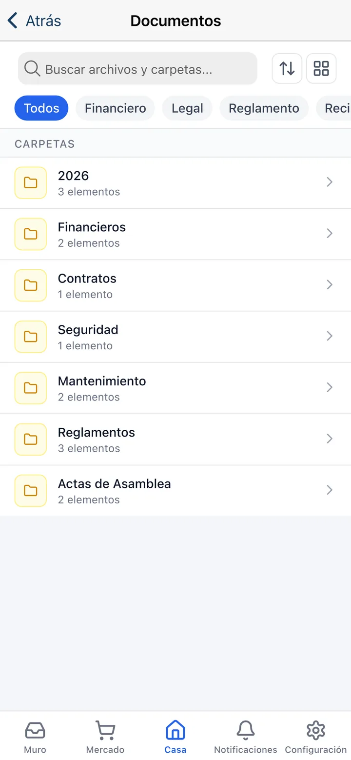 The Koti app showing the community’s document folders with filters by type.
