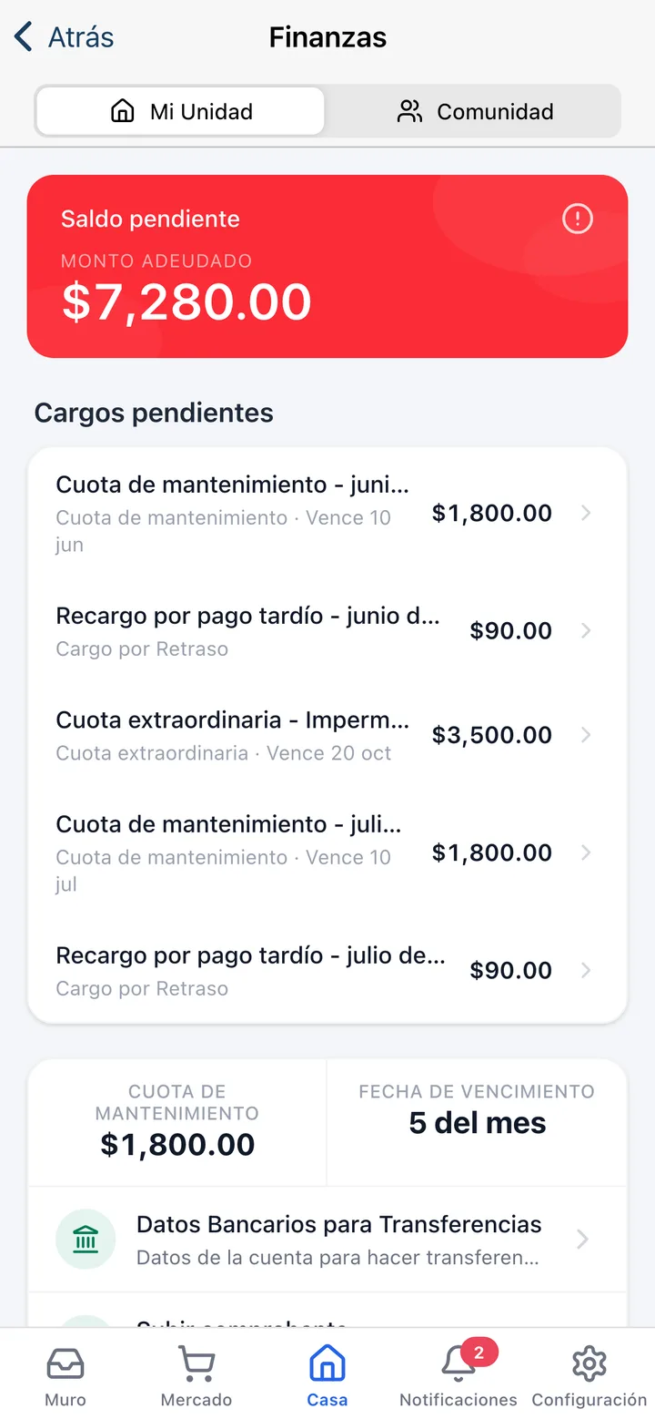 Pantalla de finanzas de la app de Koti mostrando un saldo pendiente de $7,280.00, desglosado en cuotas de junio y julio, una derrama y dos recargos por pago tardío.