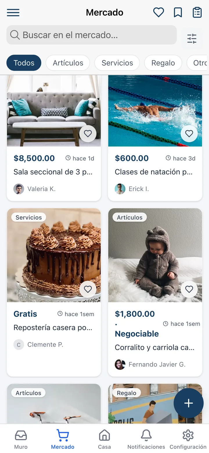 The Koti app marketplace with neighbours’ listings sorted into goods, services and giveaways.