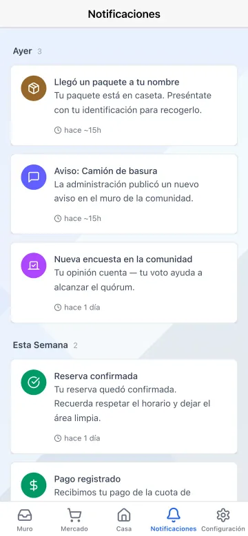 The Koti app notification centre showing the announcement published by management.