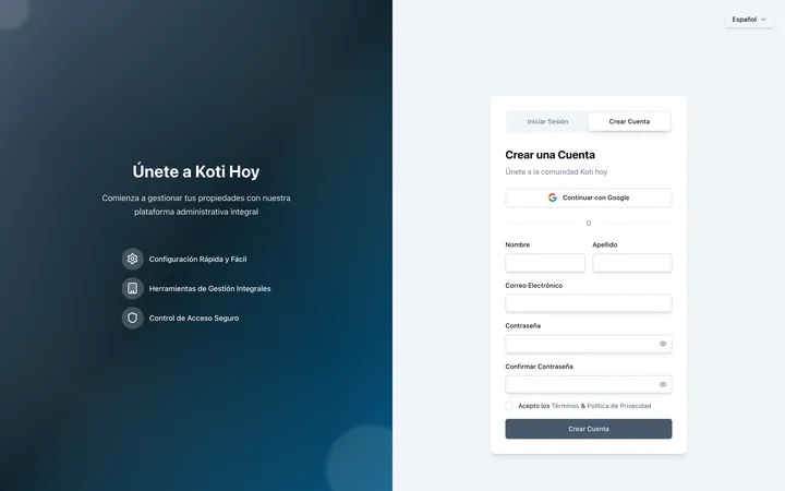 Account creation screen in Koti