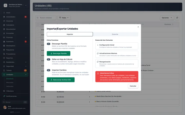 Bulk unit import by CSV in the Koti admin panel