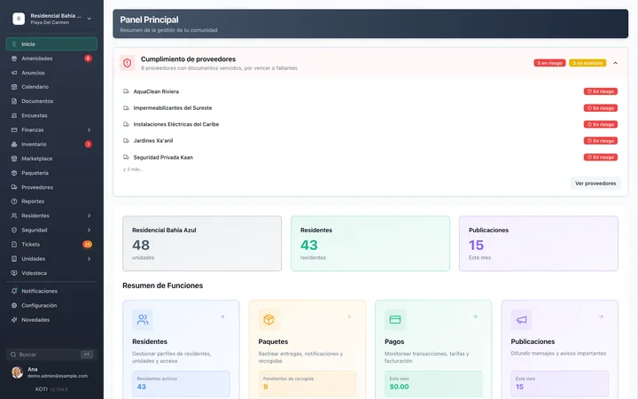 Koti dashboard with the community up and running