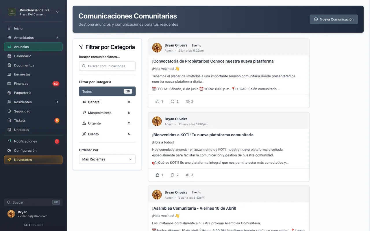 Muro comunitario de Koti con publicaciones, categorías, likes y comentarios.