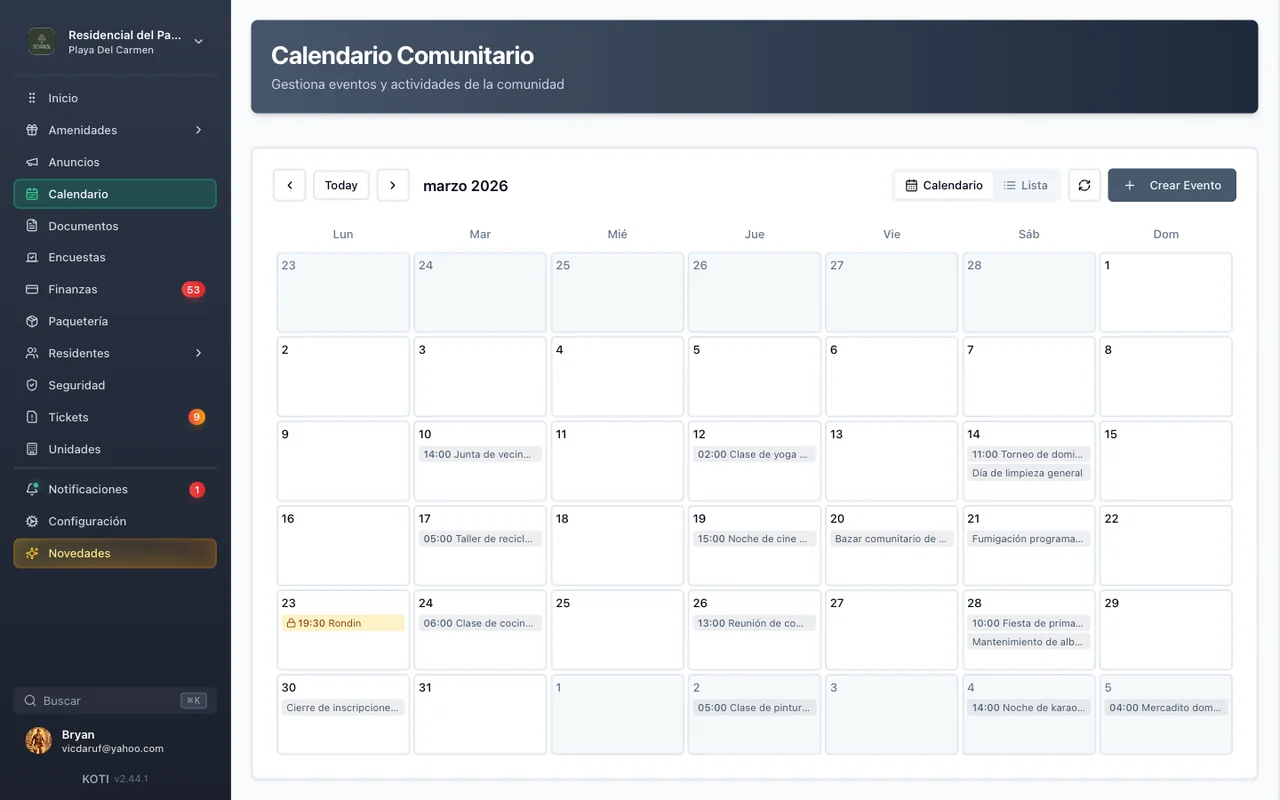 Calendario comunitario de Koti con torneos, clases y eventos del condominio.