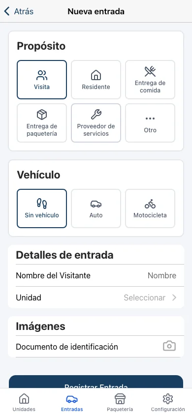 Koti guard app registering an entry: purpose, vehicle, unit and ID photo.