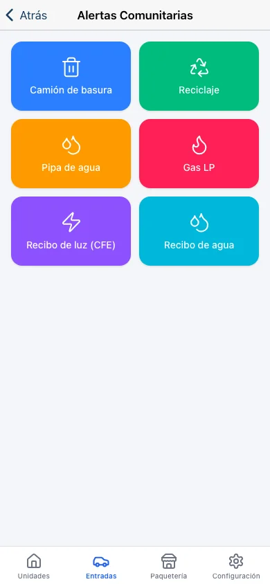 Community alerts in the Koti guard app: trash truck, water tanker, gas, utility readings and more.