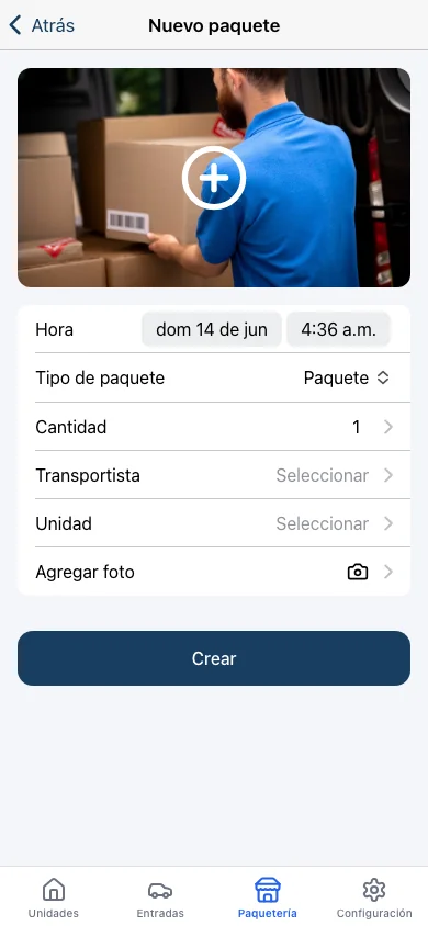 Koti guard app registering a package: carrier, quantity, photo and destination unit.