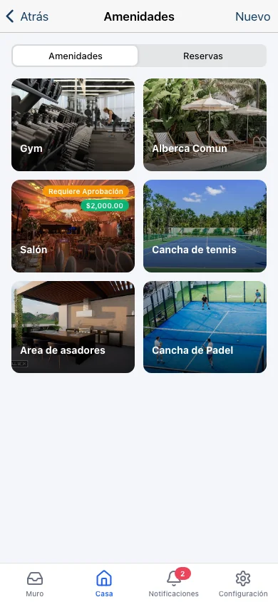 App de residente de Koti para reservar amenidades desde el celular.