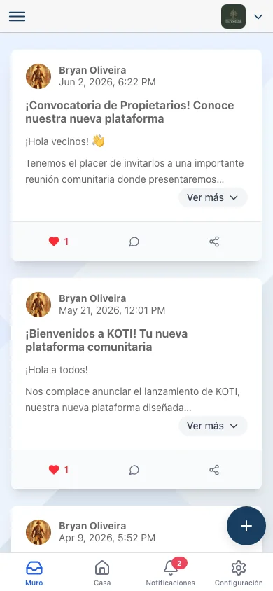 App de residente de Koti mostrando el muro comunitario con publicaciones.