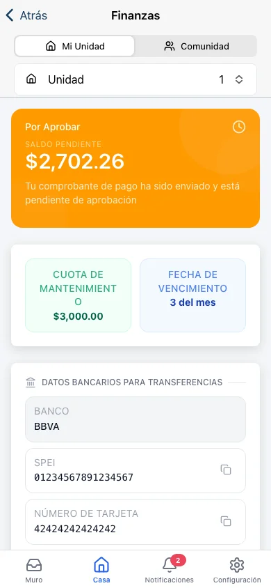 Koti resident app showing the maintenance balance due and SPEI payment option.