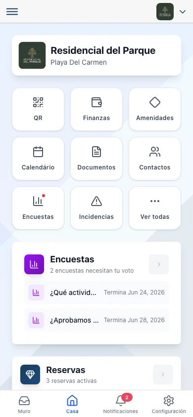 App de residente de Koti con accesos a QR, finanzas, amenidades y más.